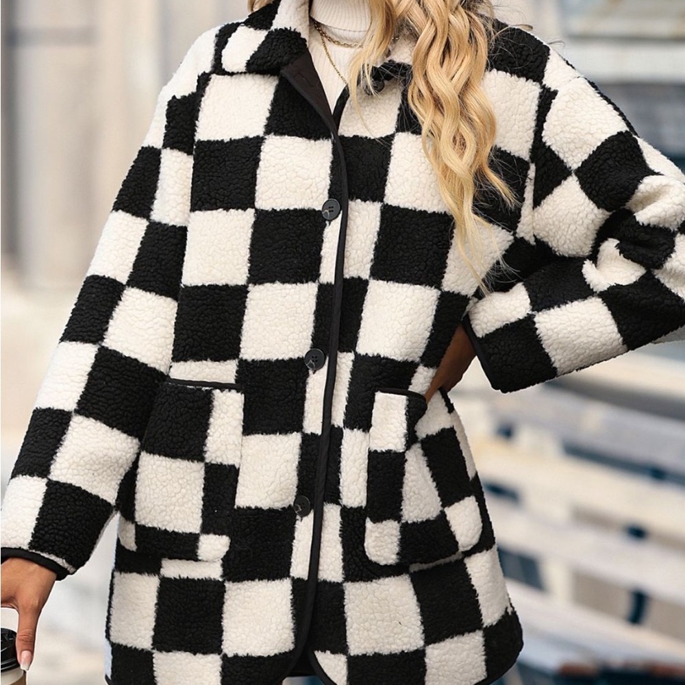 Double Take Checkered Button Front Coat With Pock… - image 4